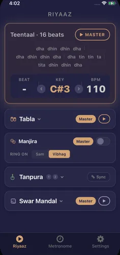Riyaaz dashboard showing the manjira card with Sam and Vibhag ring modes