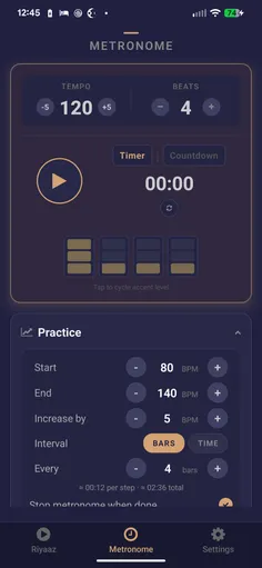 Metronome screen with tempo, beat accent bars and practice settings