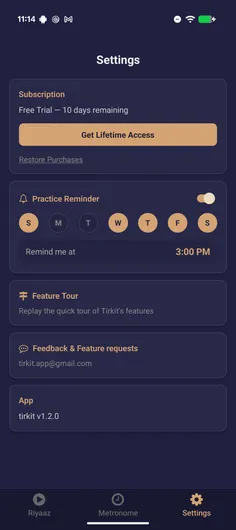 Settings screen showing the Practice Reminder with days of the week and a reminder time
