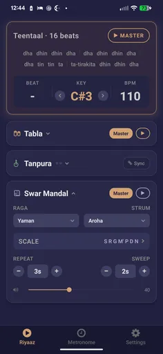 Swar mandal card with raga, strum direction, scale, repeat and sweep controls