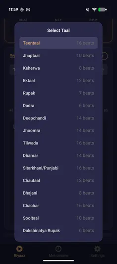 Taal list in Tirkit showing sixteen taals with their matra counts