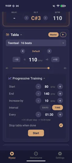 Tabla card expanded with progressive tempo training settings