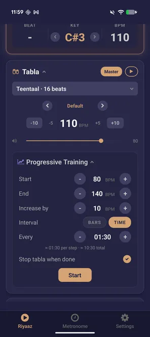 Tirkit tabla card with taal selection and Progressive Tabla Tempo Training