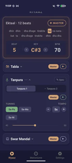Tanpura card expanded showing Tanpura 1 and 2 tabs, tunings and tempo